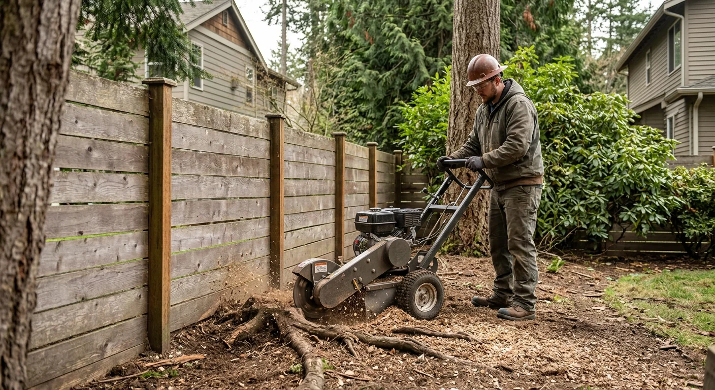 Grinding equipment in action removing surface roots near a fence line