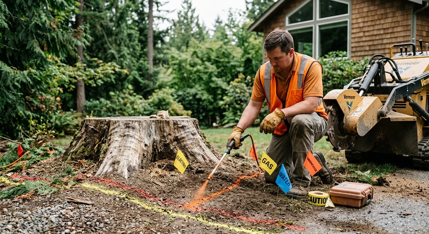 Technician marking utility lines around a stump before grinding begins