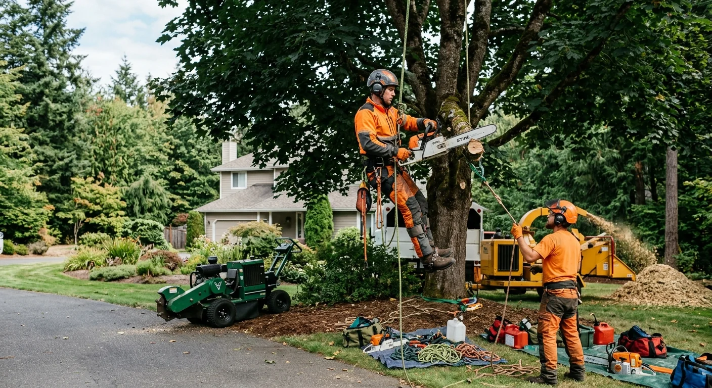Sammamish crew reviewing a completed stump grinding site with a homeowner during walkthrough