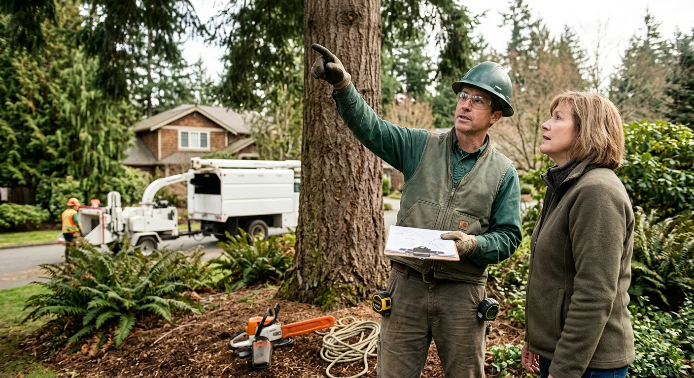 Arborist inspecting a large tree canopy for cabling support in a Sammamish yard