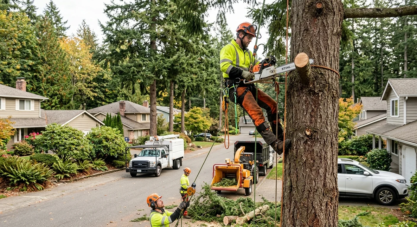 Arborist installing support cables in a mature backyard tree in Sammamish
