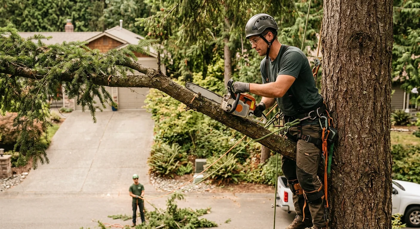 Arborist installing support cable in a mature maple canopy in Sammamish