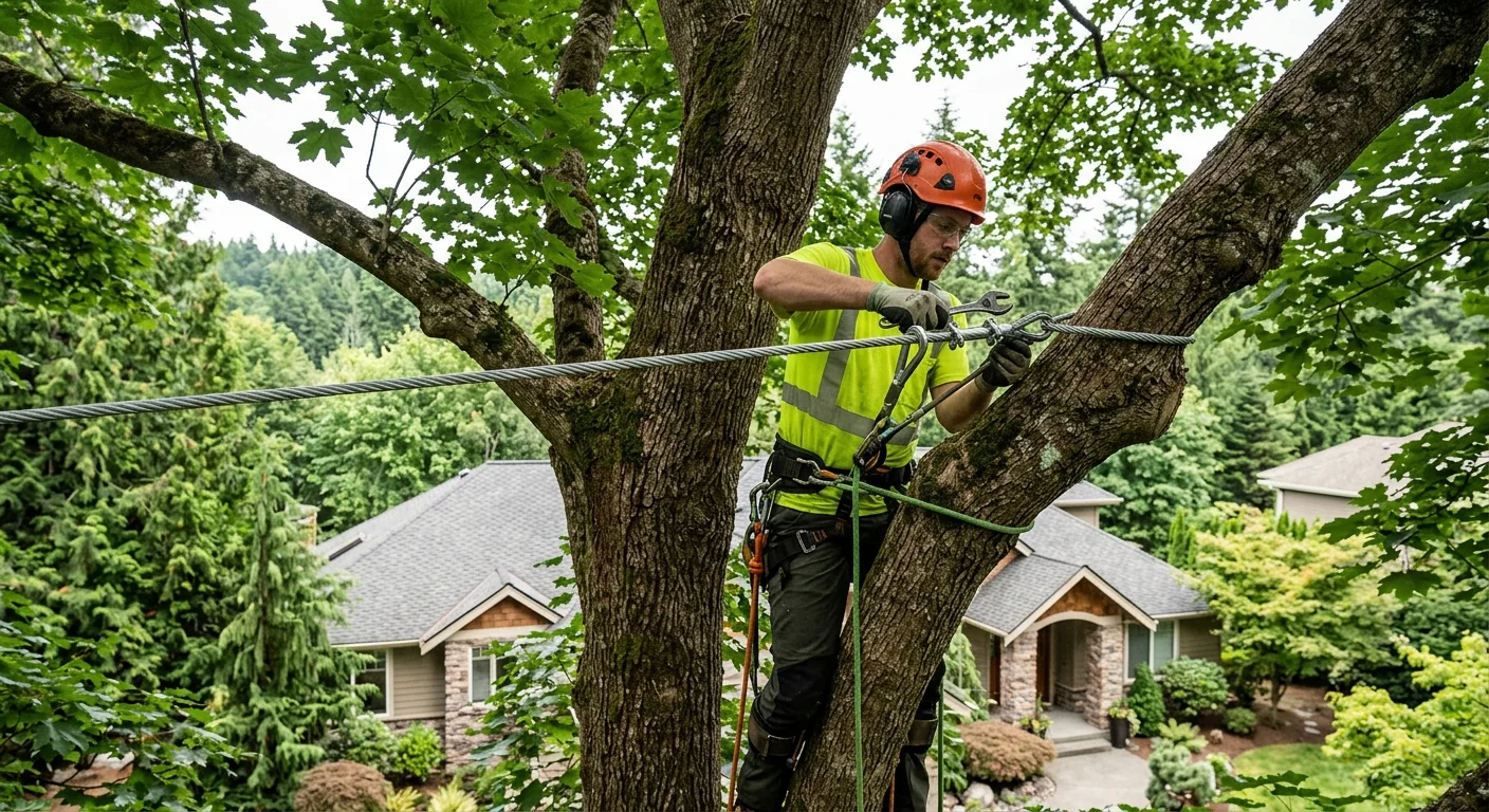 Steel cable installed high in a mature maple canopy above a Sammamish home