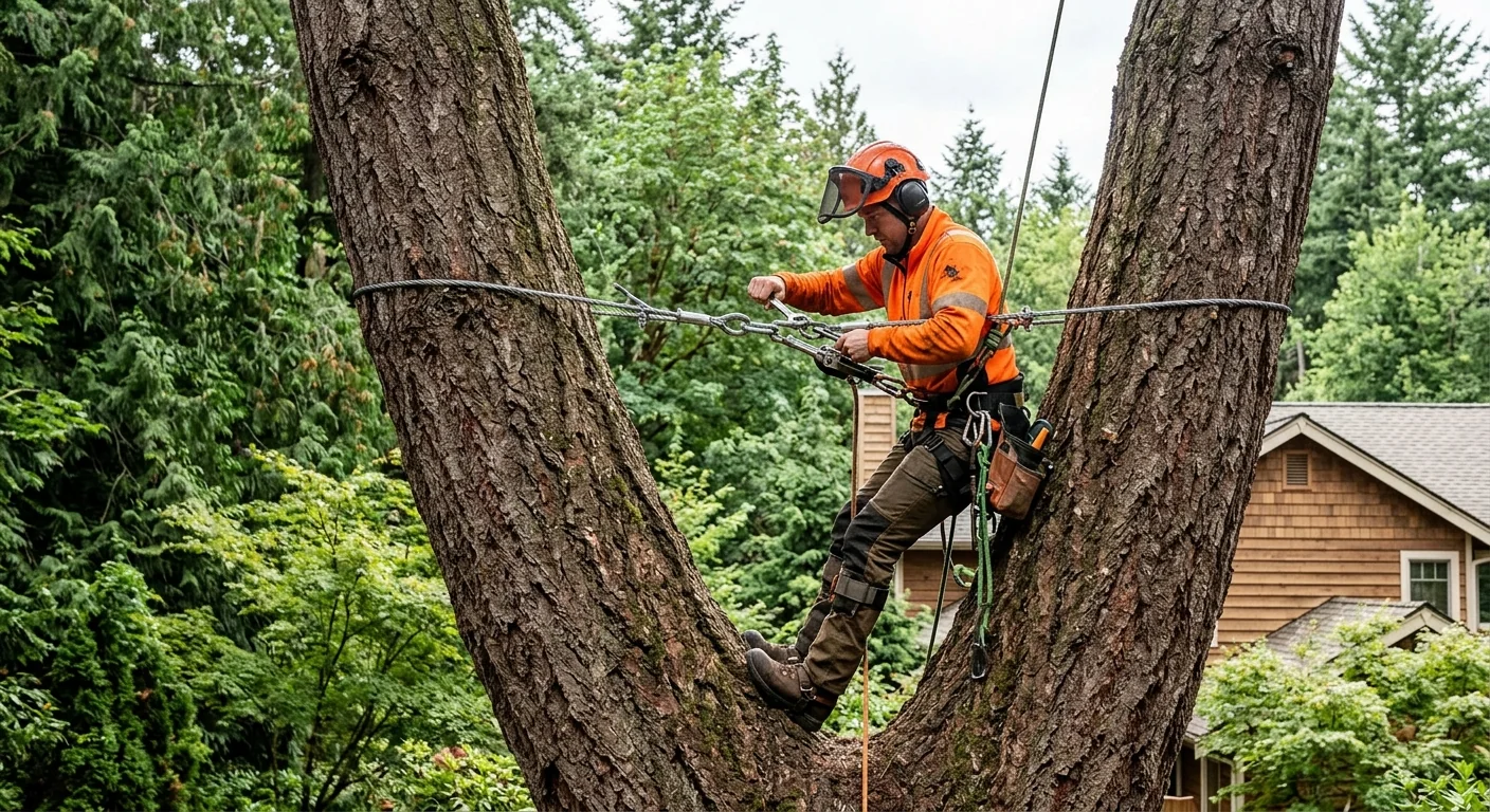 Technician tensioning a support cable between two co-dominant tree stems