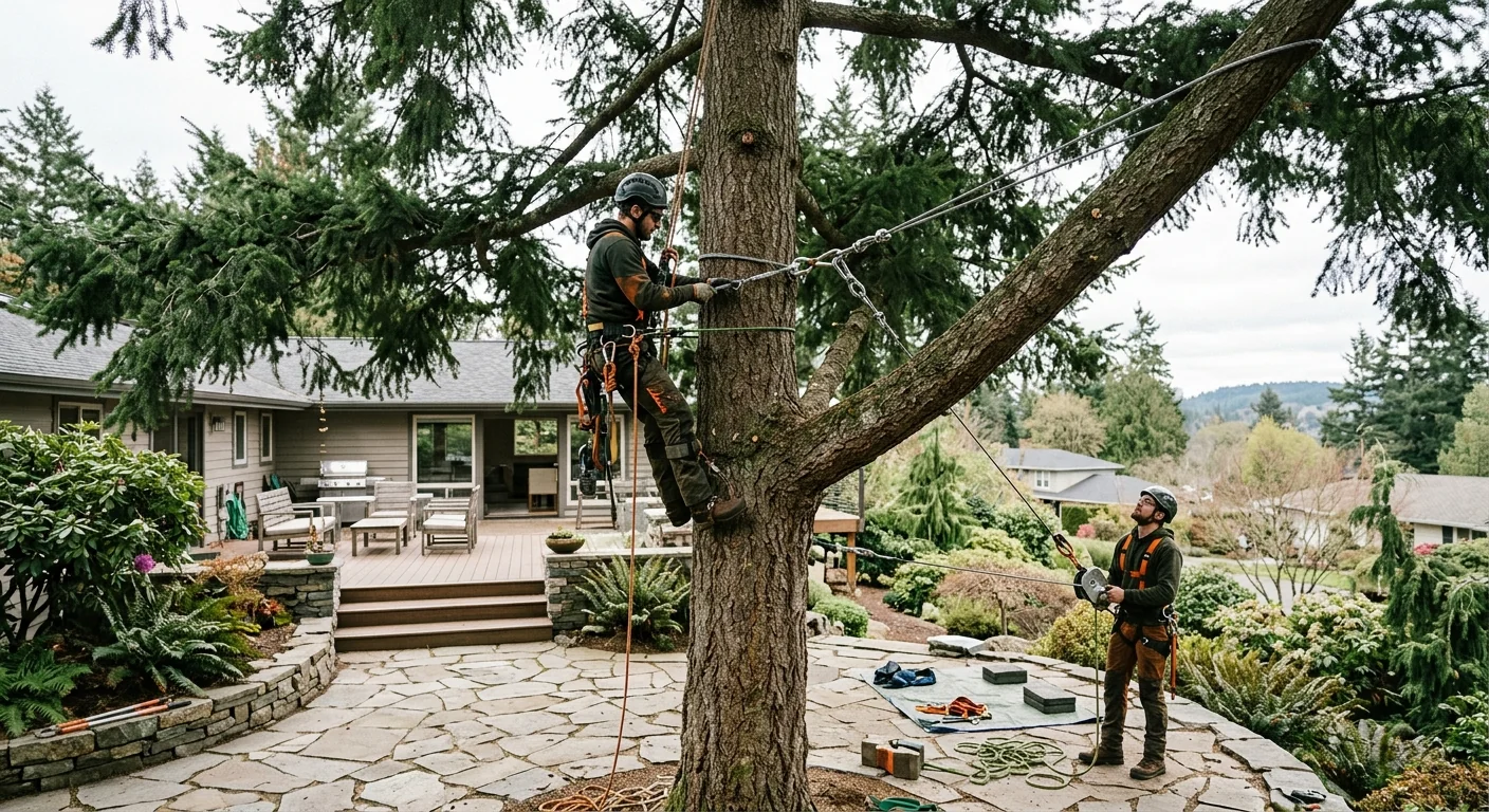 Wide shot of a large fir supported by cabling over a backyard patio