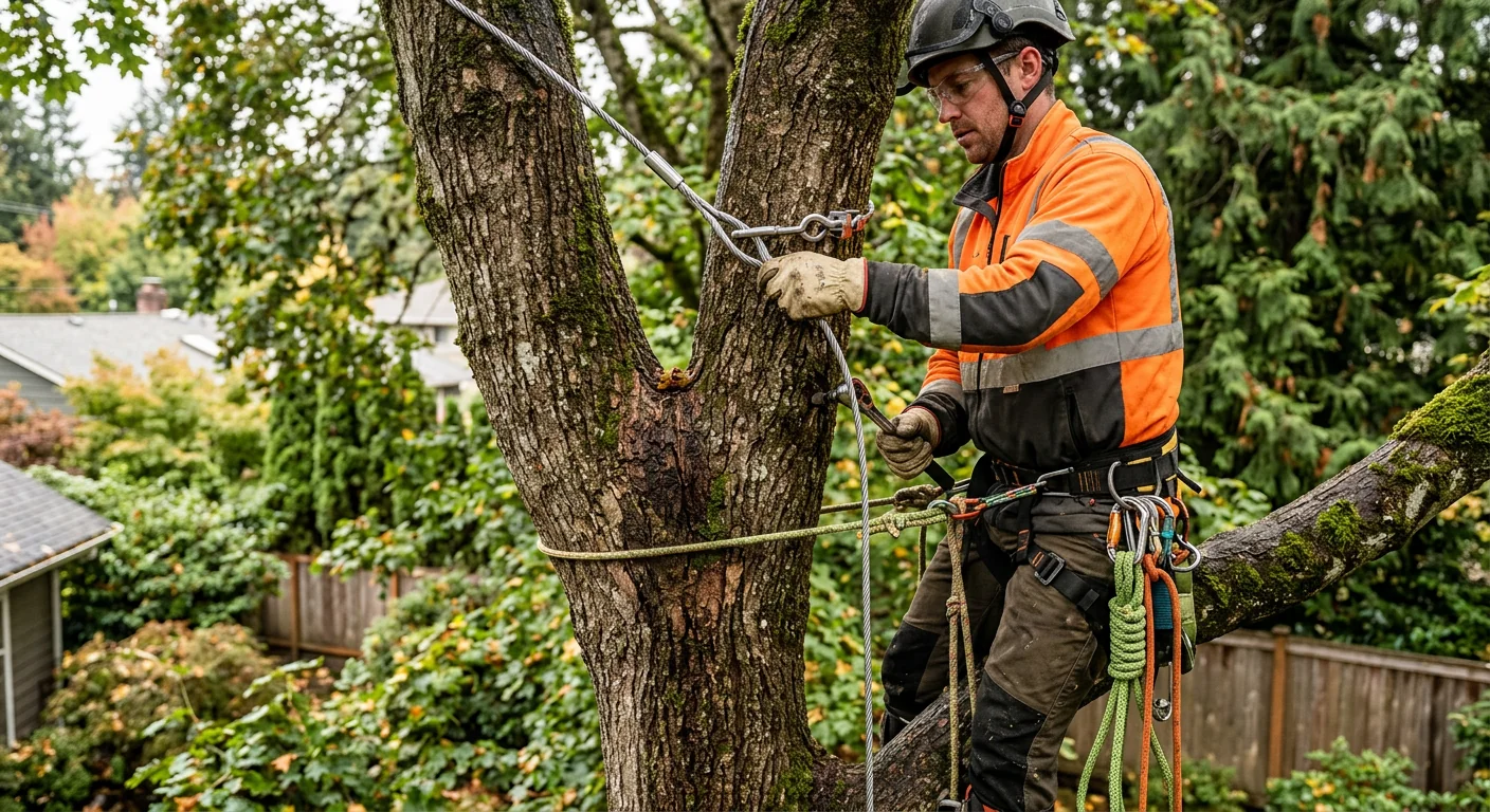 Anchor hardware placed above a weak branch union before final tensioning