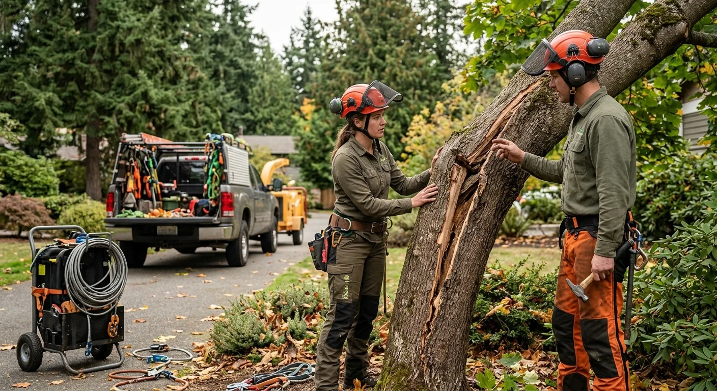 Before context of a leaning tree with cracked stem needing support