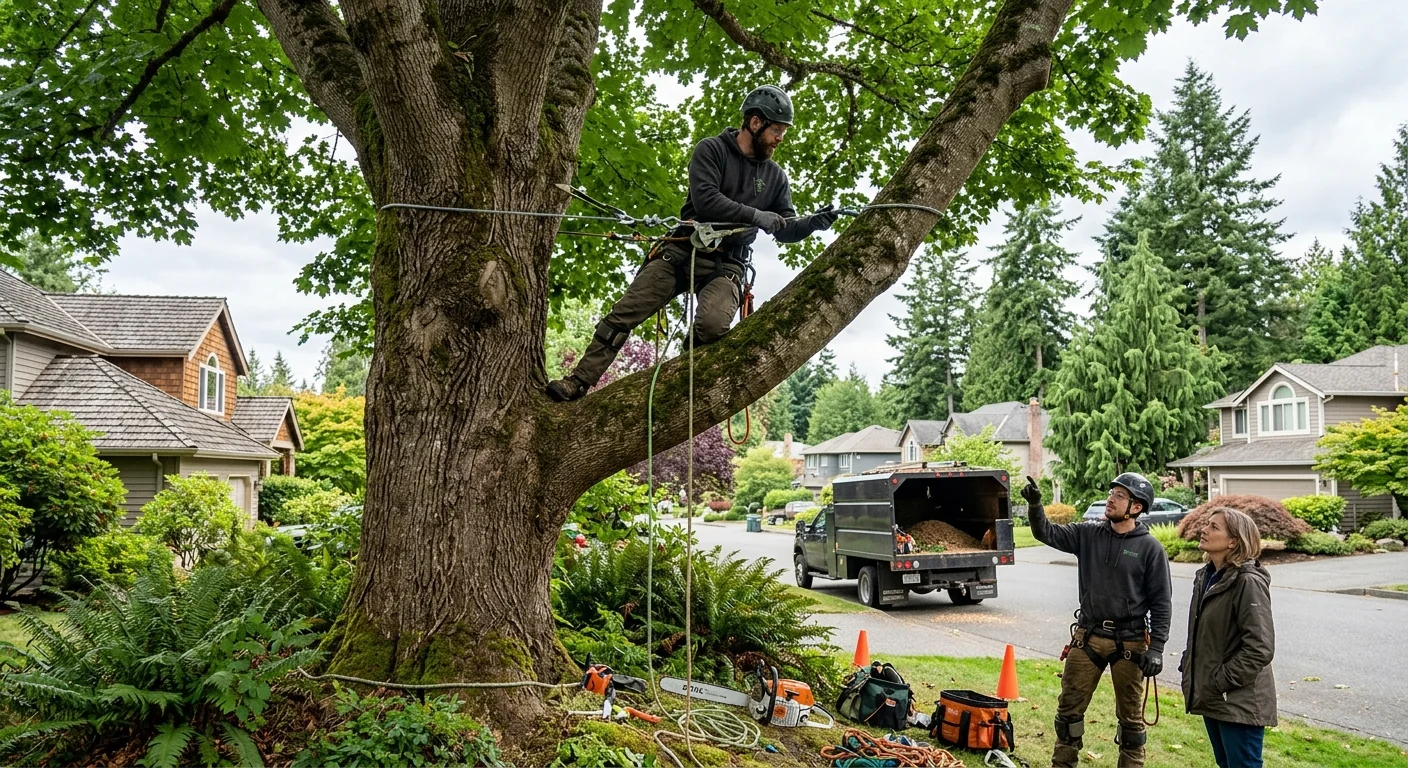 Finished cabling system stabilizing a heritage tree in a Sammamish neighborhood