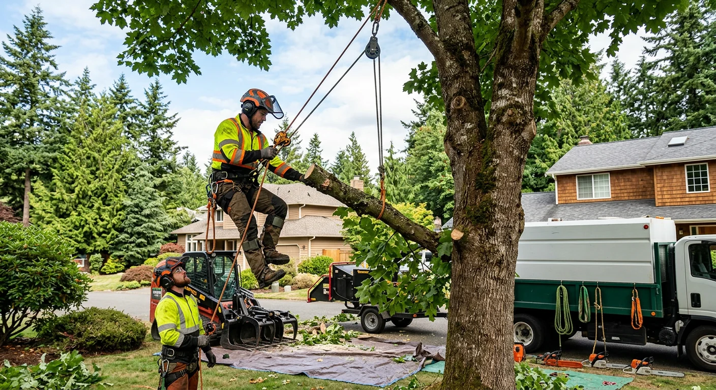 Technician reviewing installed bracing hardware with a homeowner beside a large Sammamish tree