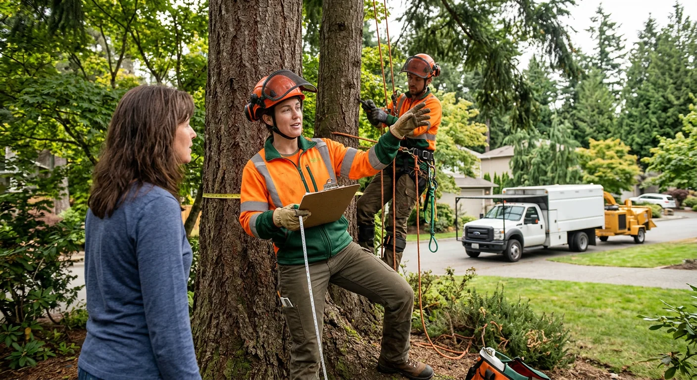 Arborist inspecting a mature tree canopy on a Sammamish residential property