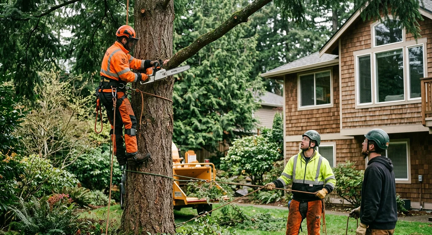 Arborist inspecting a healthy maple canopy in a Sammamish neighborhood yard