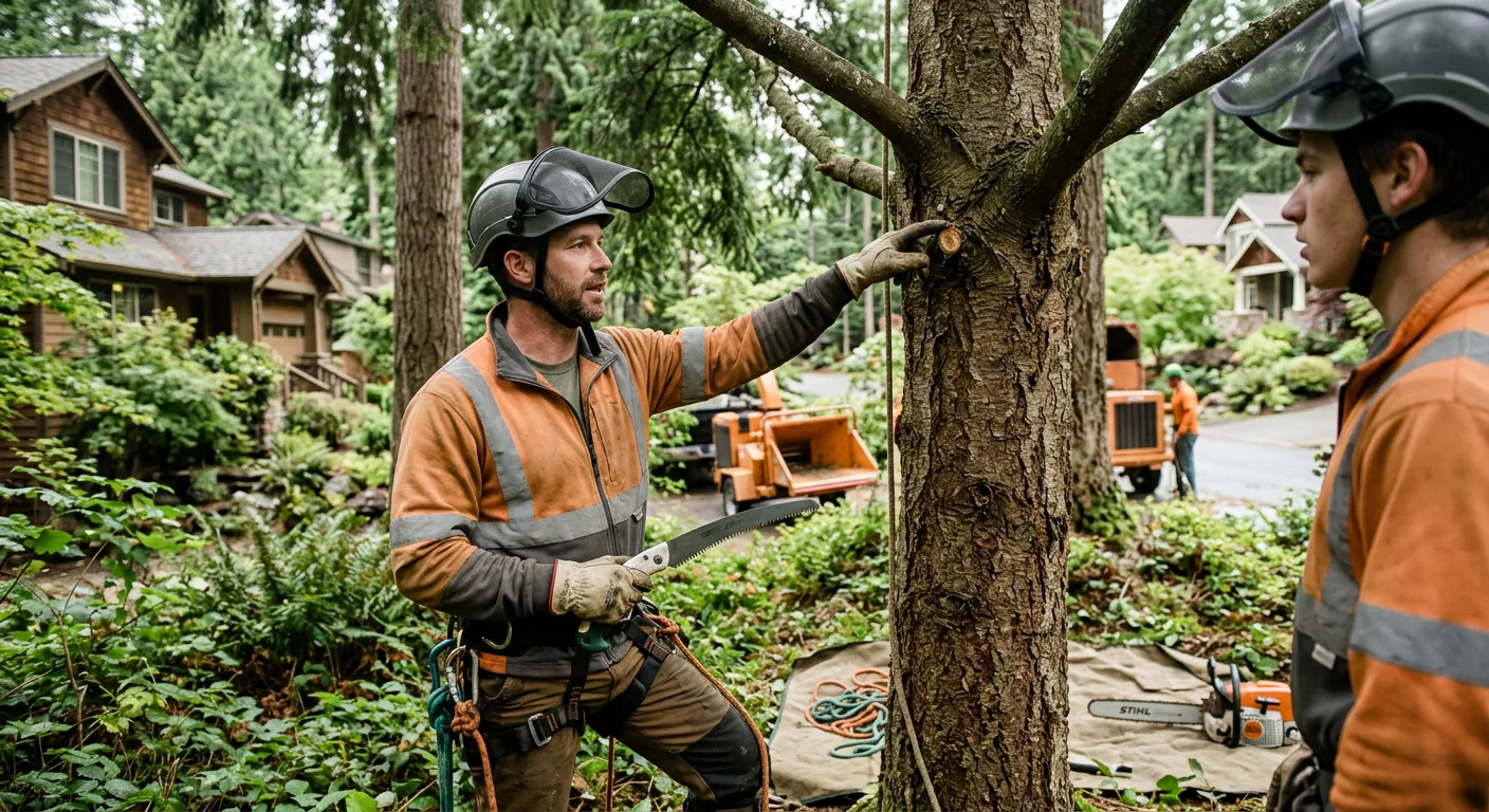 Arborist inspecting a mature fir canopy on a Sammamish residential property