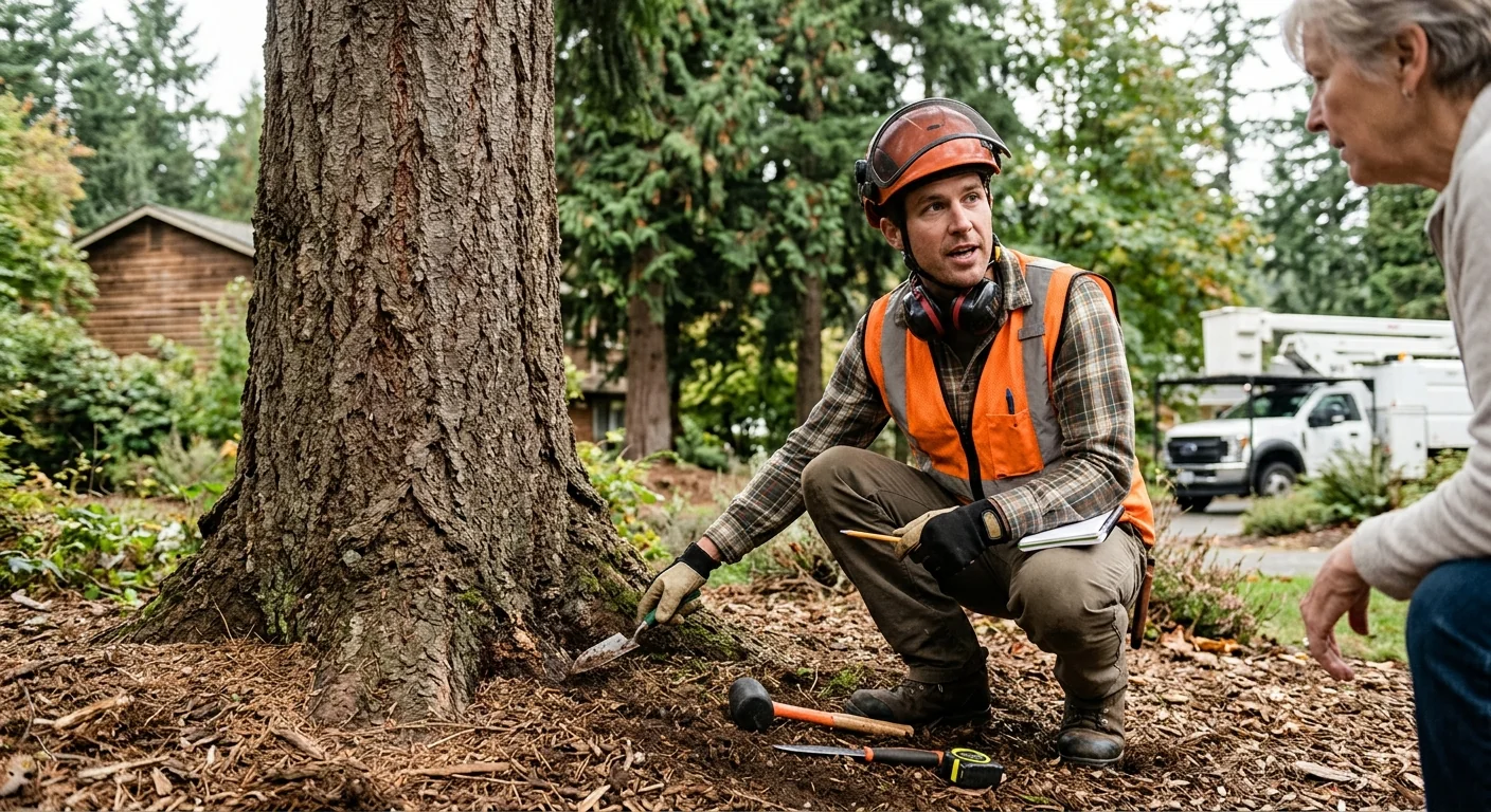 Arborist examining trunk and root flare of a large evergreen for disease