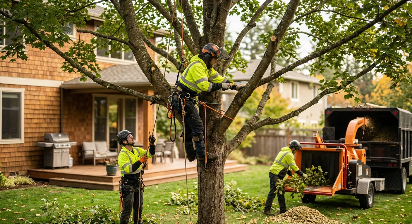 Crew performing crown thinning pruning cuts on a mature backyard maple