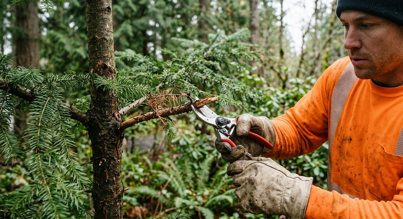 Close-up of sanitized pruning tools trimming deadwood from a fir branch
