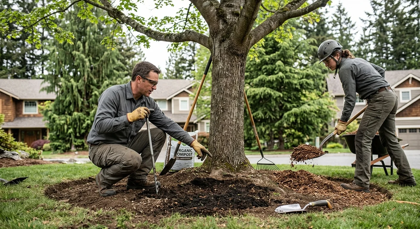Soil amendment and mulching around the base of a neighborhood shade tree