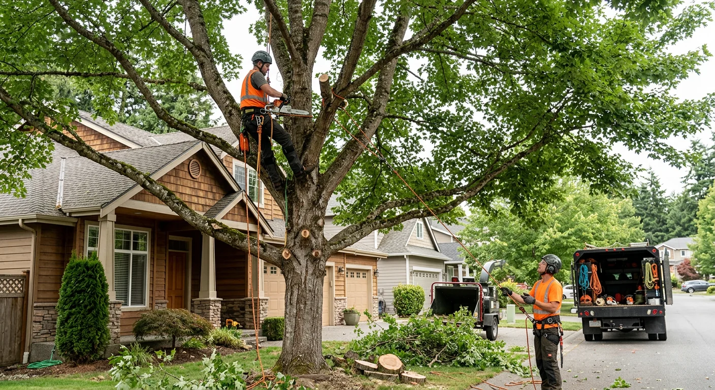Wide shot of a healthy pruned tree canopy over a Sammamish home