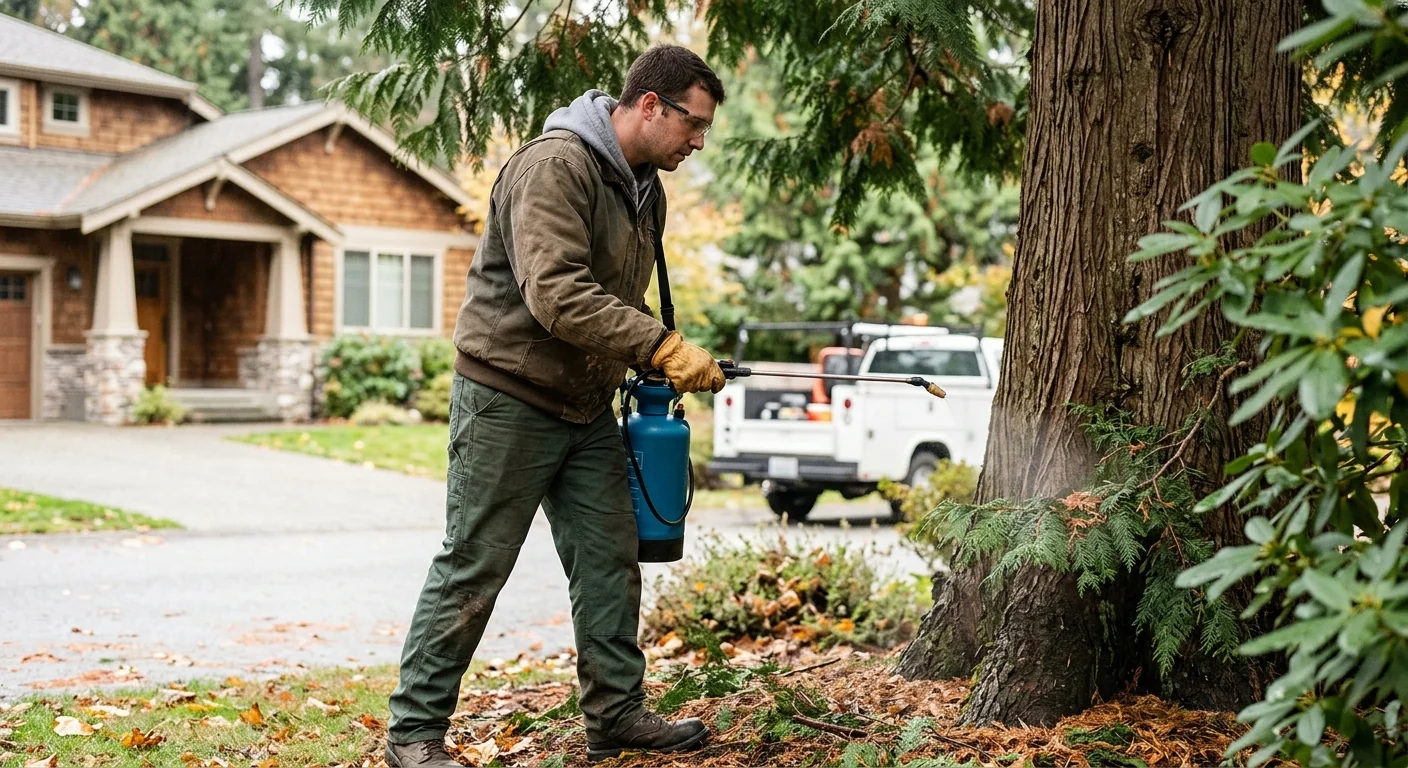 Technician spraying targeted pest treatment on lower branches of a cedar
