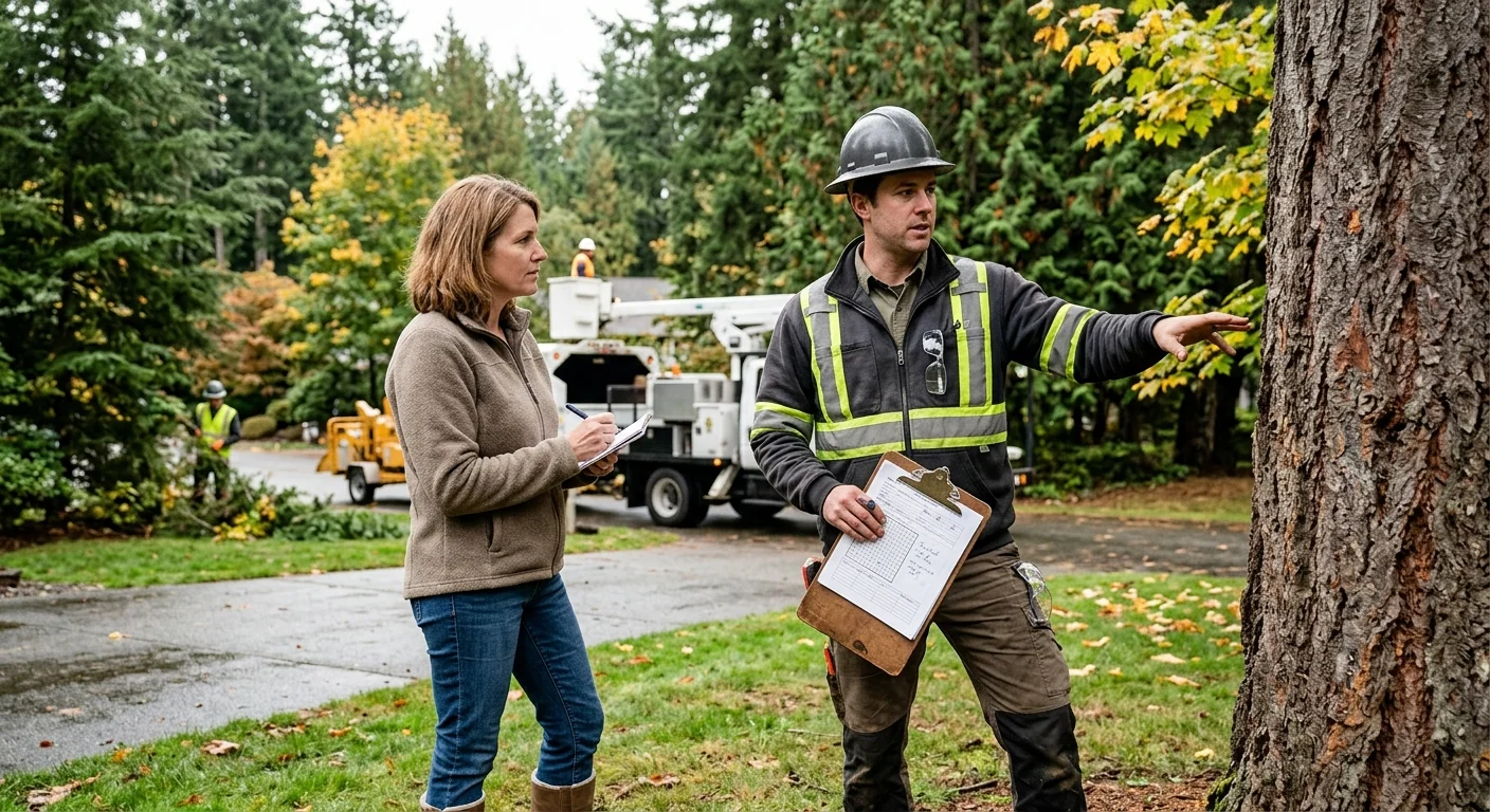 Arborist reviewing planting site and soil conditions at a Sammamish home yard