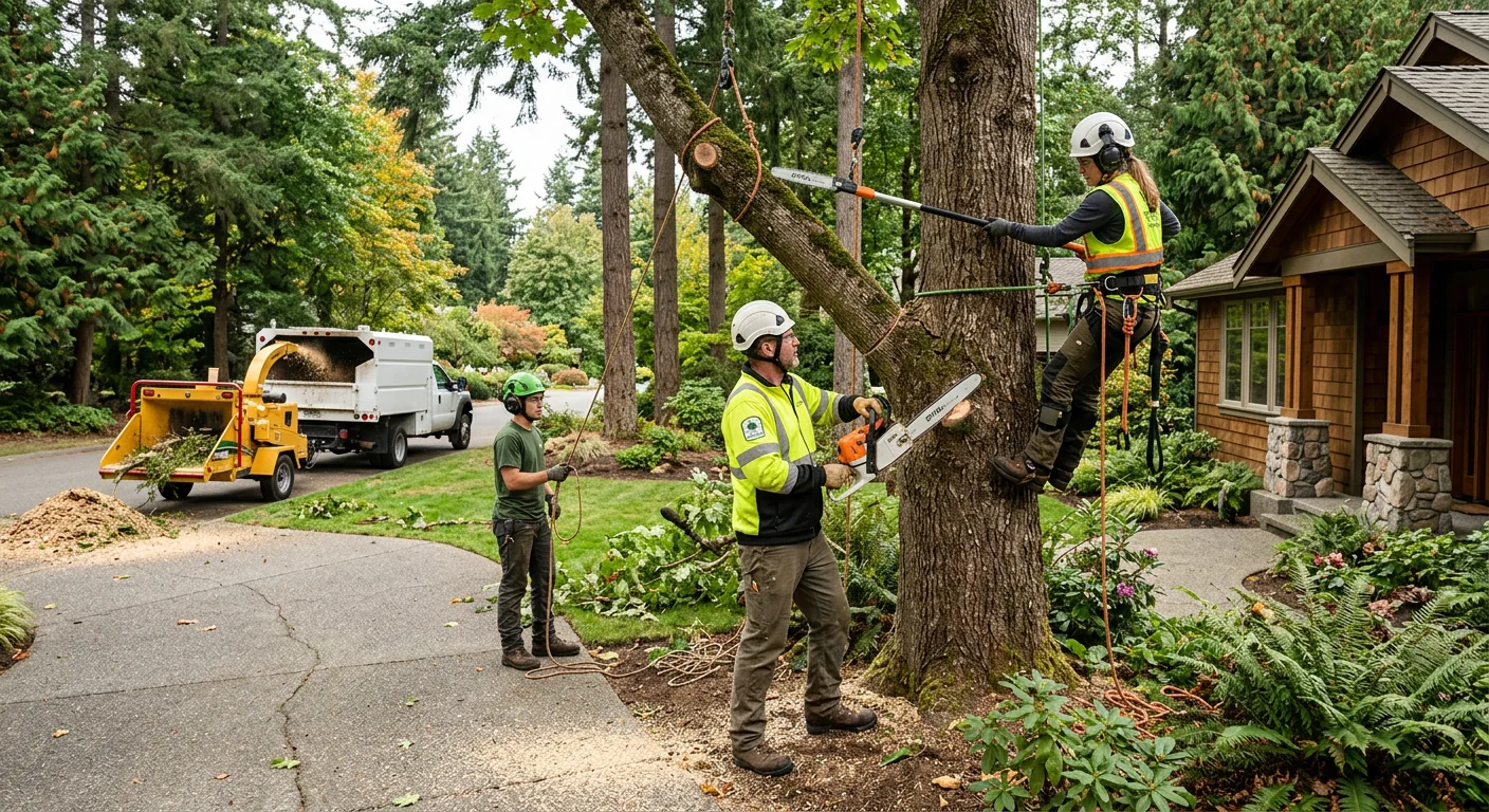 Crew planting a young shade tree in a Sammamish front yard