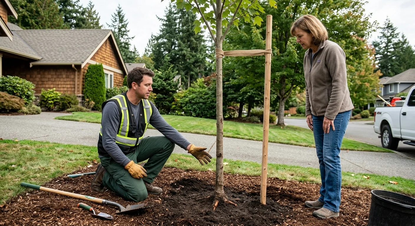 Freshly planted shade tree with proper root flare depth in a Sammamish front yard