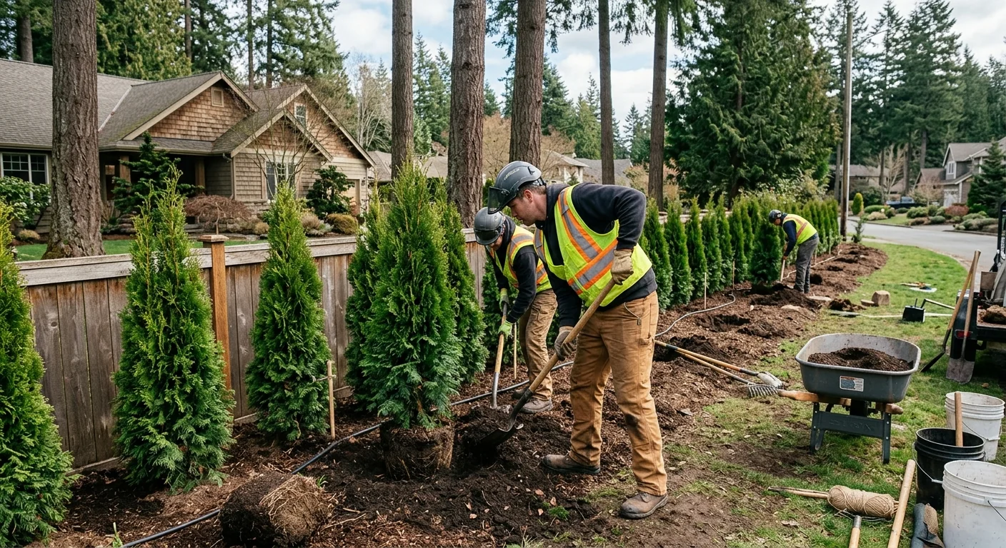 Row of privacy evergreens installed along a residential property line in Sammamish
