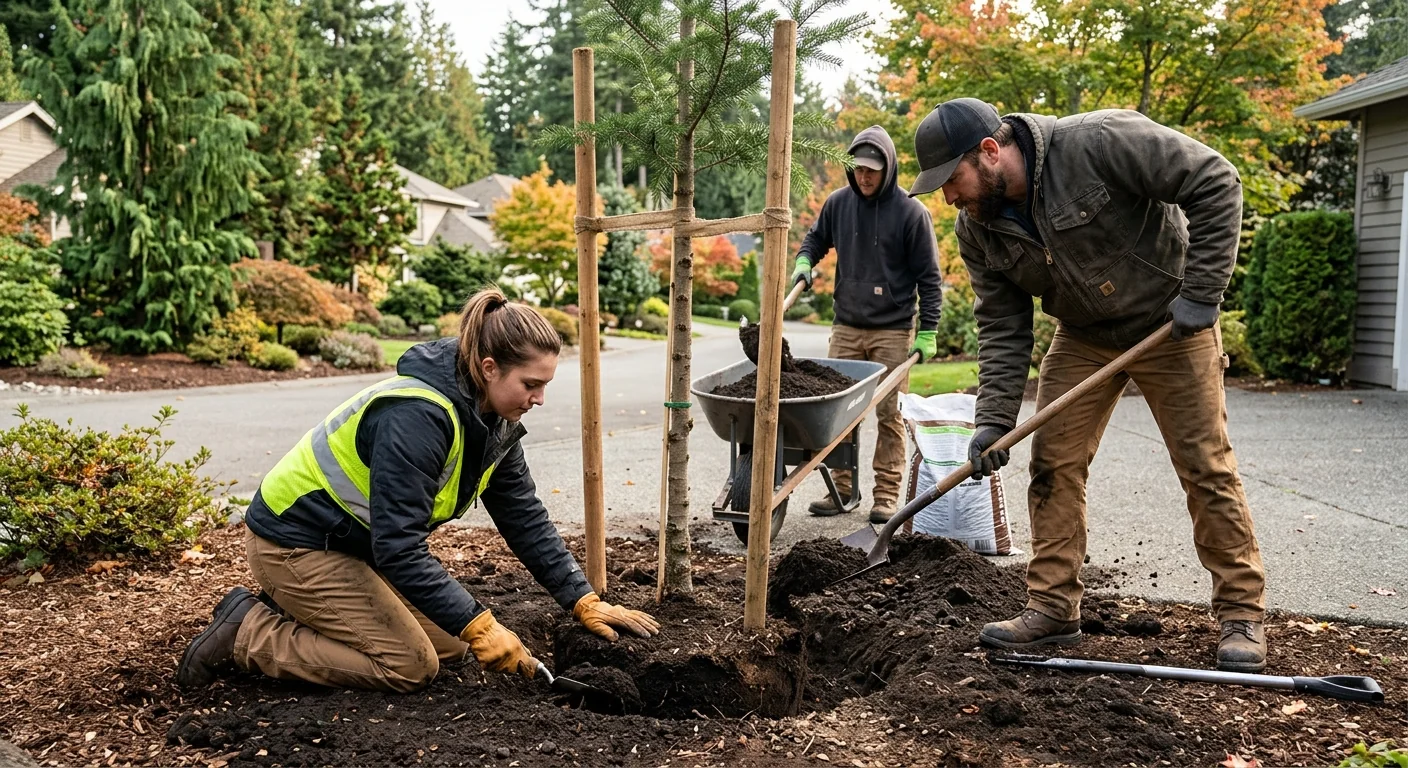 Crew backfilling amended soil around a newly set young tree