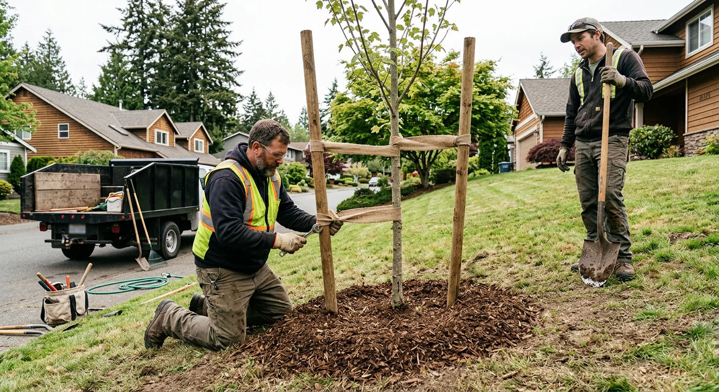 Staked sapling with mulch ring on a sloped suburban lot after planting