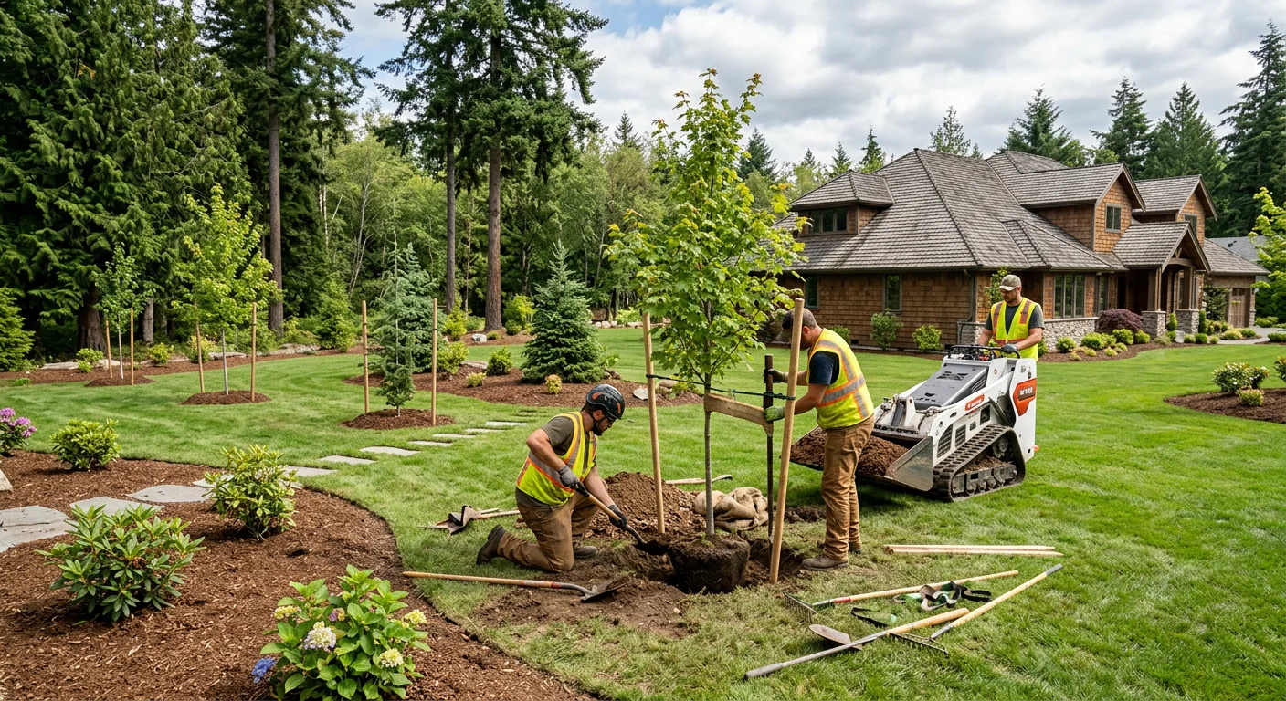 Wide view of a landscaped yard with several newly planted trees in Sammamish