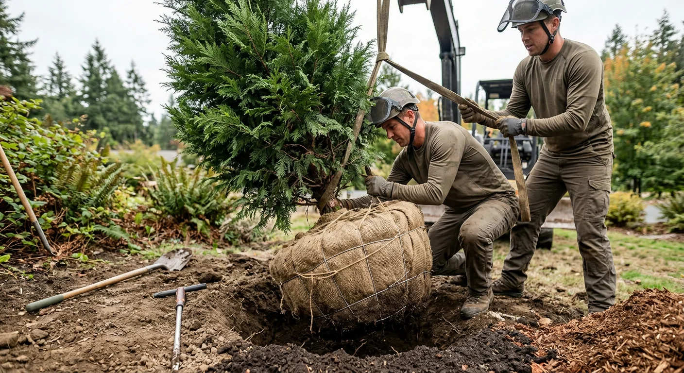 Close-up of balled and burlapped tree being lowered into a prepared planting hole