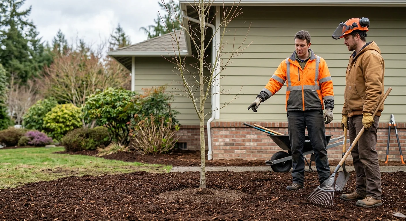 Finished planting bed with young maple and fresh mulch beside a Sammamish home