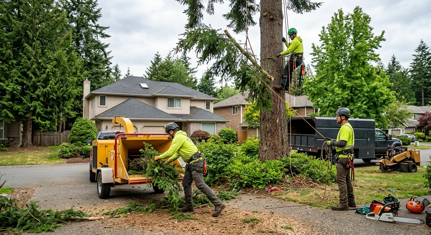 Technician staking a newly planted tree with mulch and irrigation in Sammamish