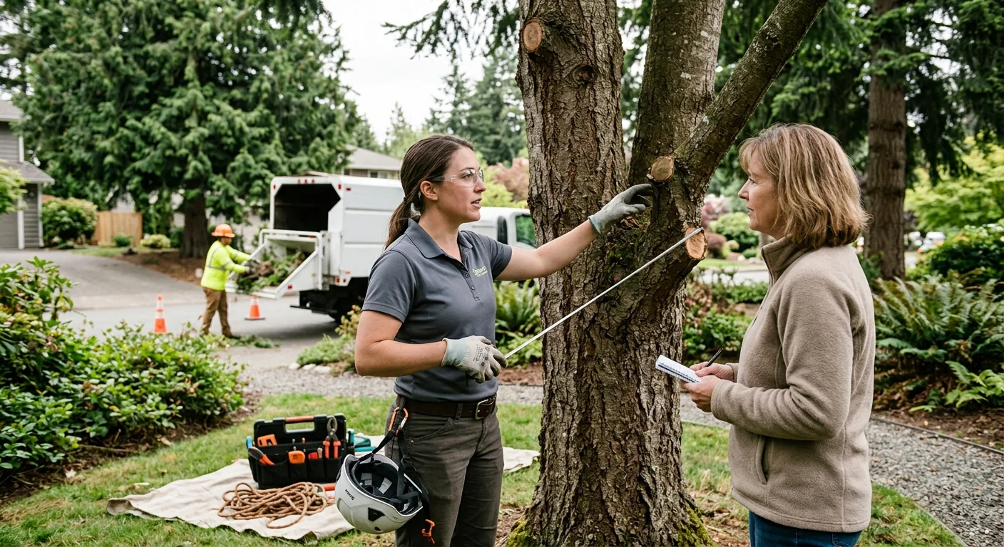 Arborist reviewing a written tree pruning estimate beside a large residential shade tree