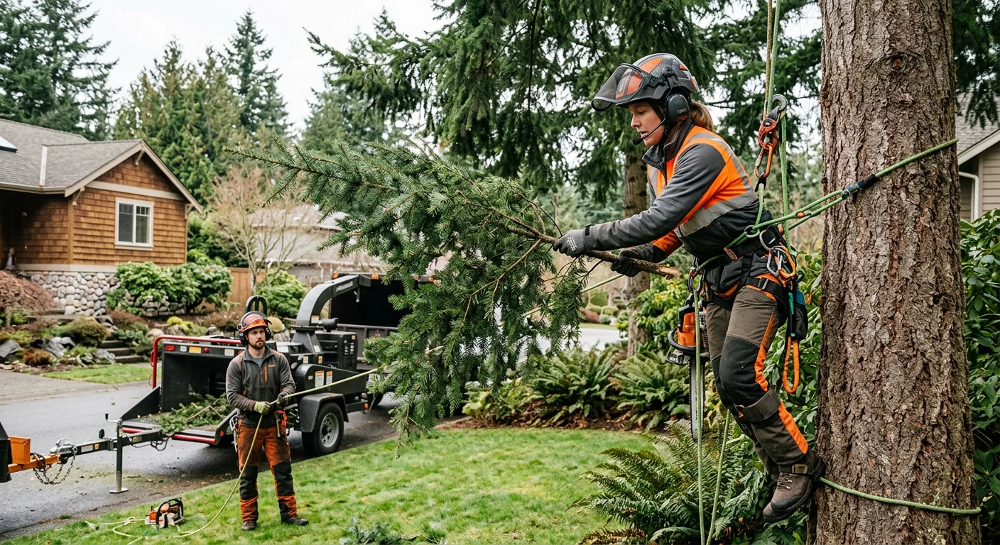 Arborist pruning a residential shade tree in a Sammamish backyard