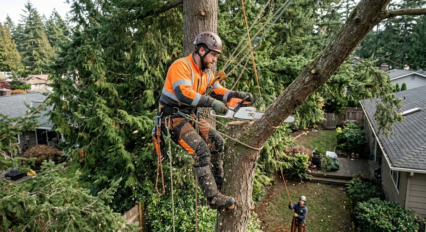 Arborist shaping a mature tree canopy on a Sammamish residential property