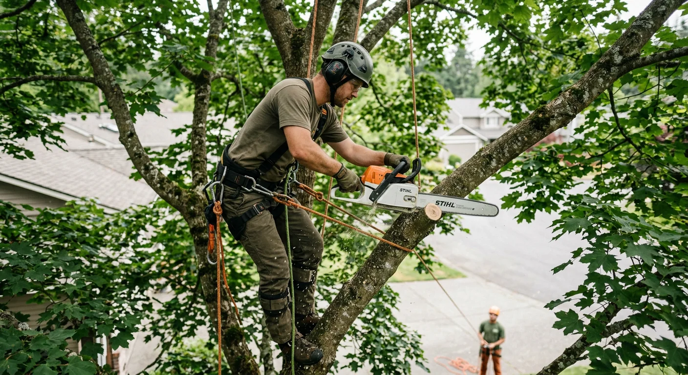 Arborist making a precise reduction cut at the branch collar in a residential canopy