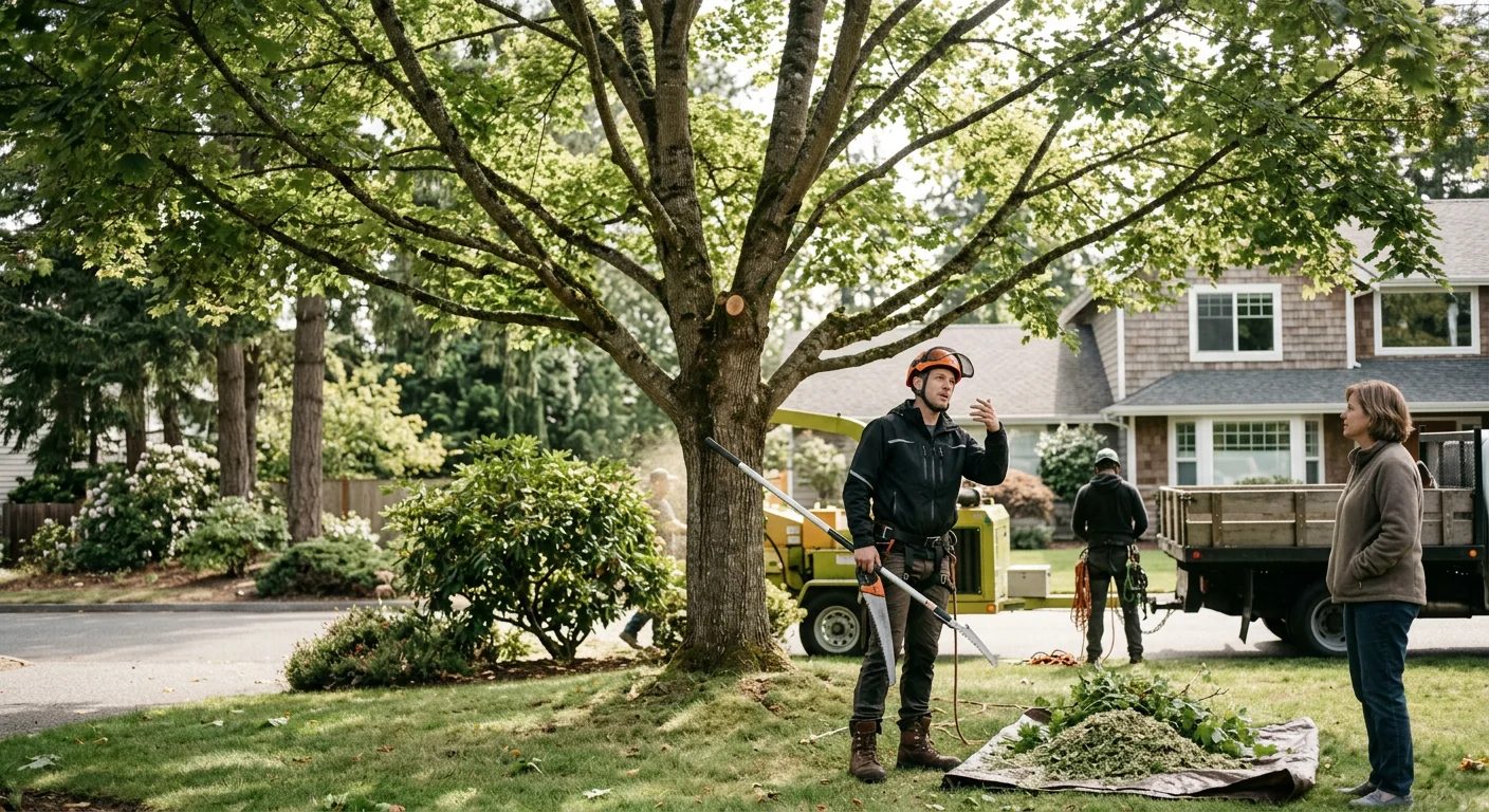 Wide view of a balanced maple canopy after crown thinning in a Sammamish yard