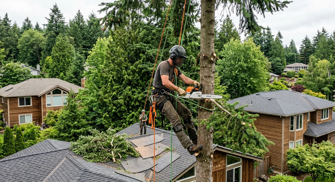 Climber roped into a tall fir performing structural pruning above a rooftop