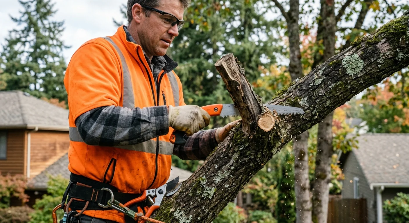 Close-up of deadwood removal from an older oak branch during pruning