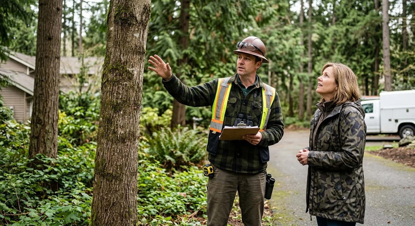 Arborist assessing a tall conifer for removal on a wooded Sammamish property