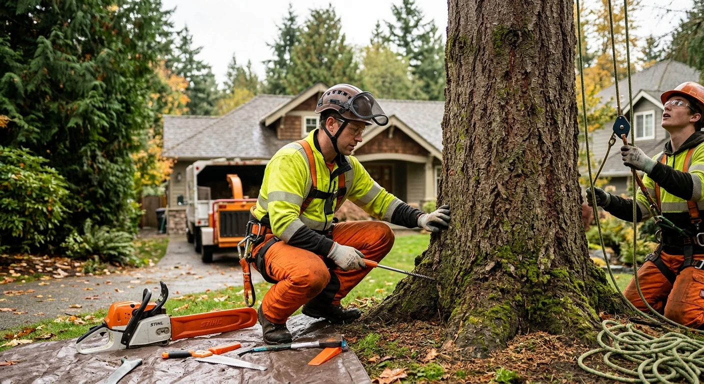 Tree removal crew safely lowering a large trunk in a Sammamish backyard