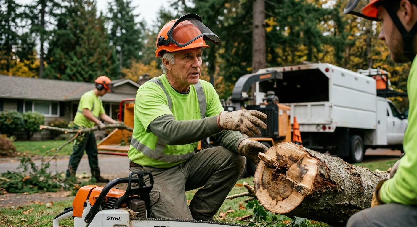 Arborist sectioning a tall fir near a Sammamish home during removal