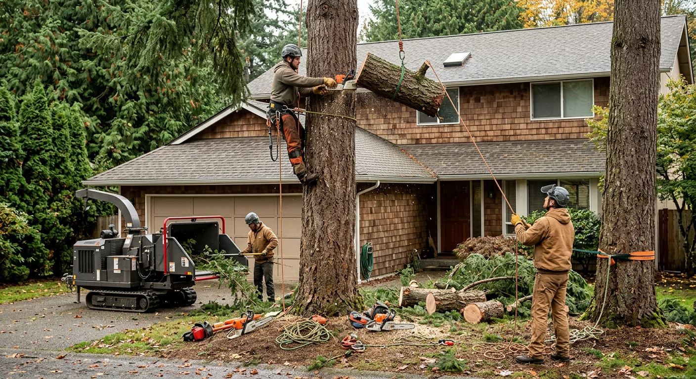Crew sectionally dismantling a large Douglas fir beside a Sammamish home