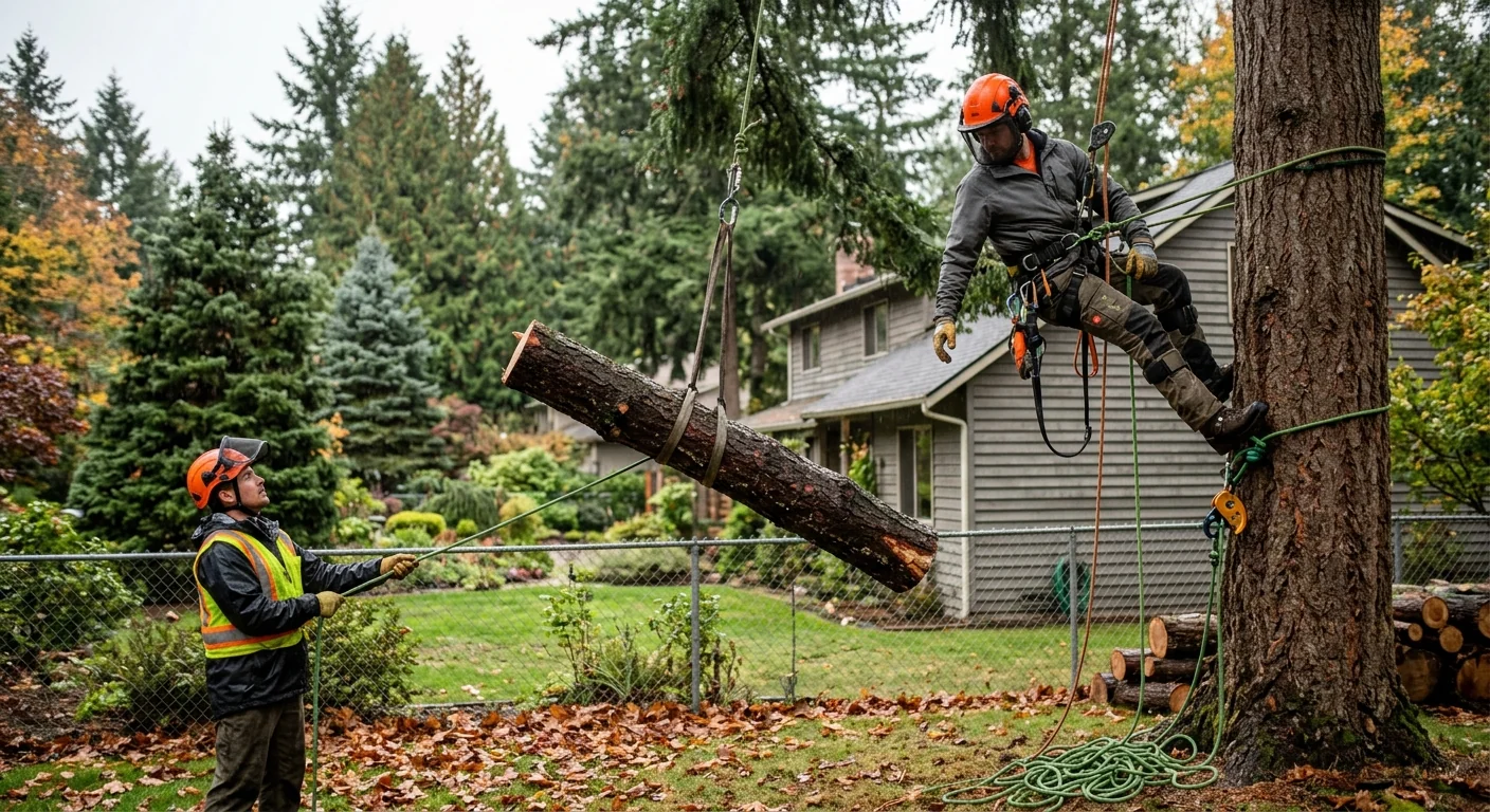 Climber using rigging ropes to lower a heavy limb over a fenced backyard