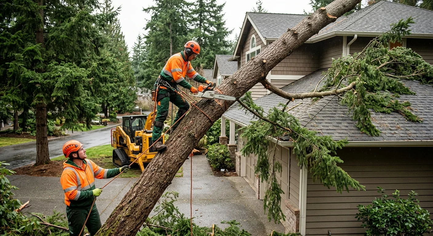 Storm-damaged tree leaning over a rooftop before controlled removal