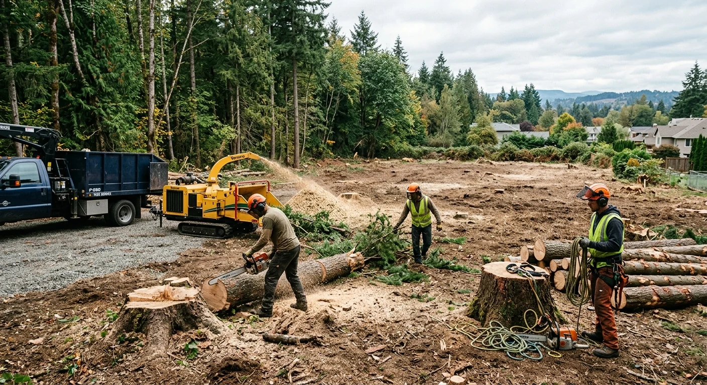 Wide shot of an open lot cleared of hazardous trees near wooded acreage