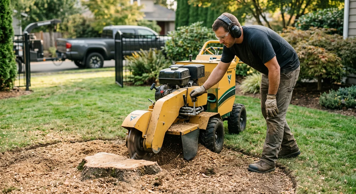 Stump grinder finishing a removal site in a tidy suburban yard
