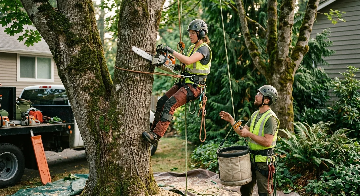 Sammamish Tree Service crew reviewing a removal plan beside a rigged tree