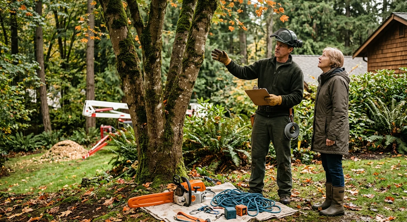 Arborist inspecting a mature tree near a Sammamish home during risk assessment
