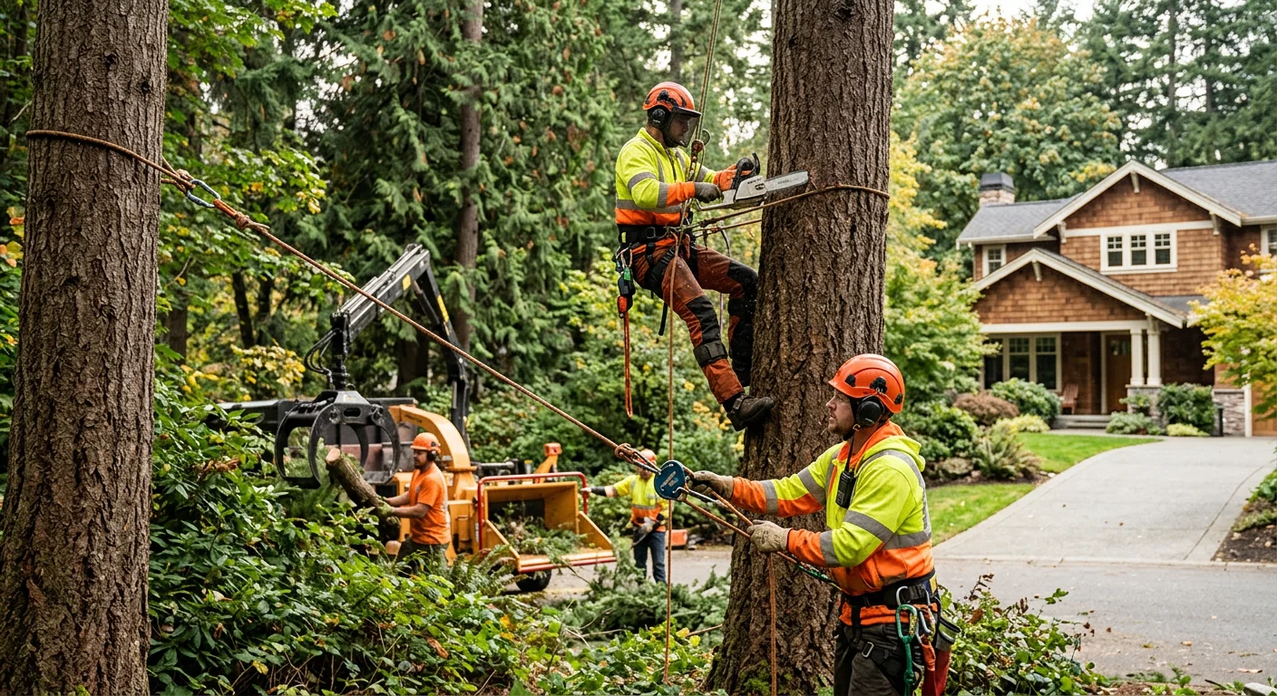 Arborist inspecting a mature tree near a Sammamish neighborhood home